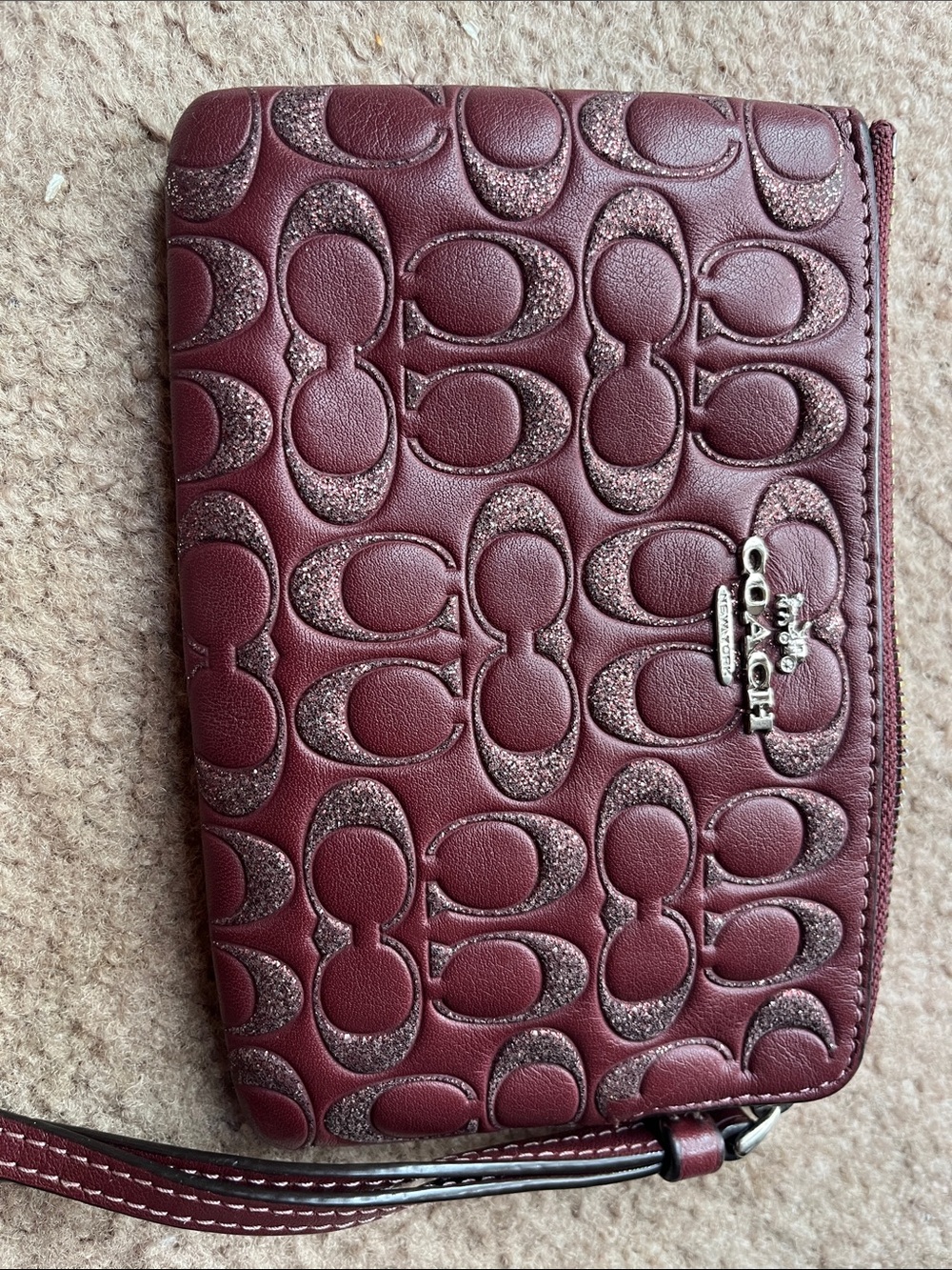 Coach Burgundy Signature Leather Wristlet with Silver Logo